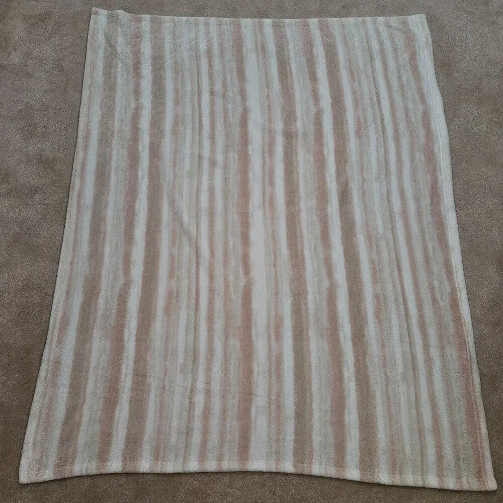 DKNY Pink White Tan Striped Blanket Throw Soft Fleece 50x60